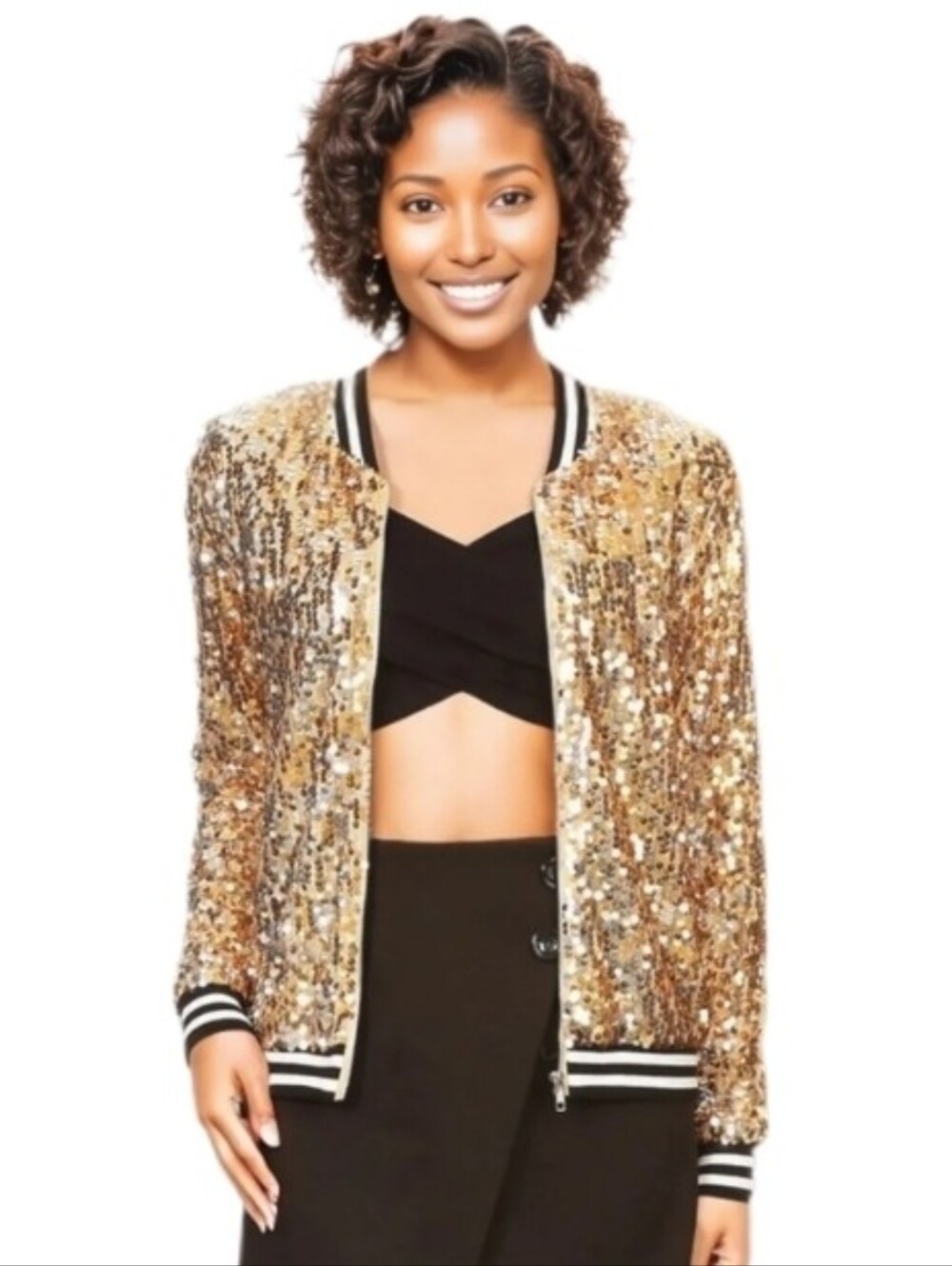 Anna-Kaci Jacket Gold Sequin Bomber Style Sparling Gold Size S